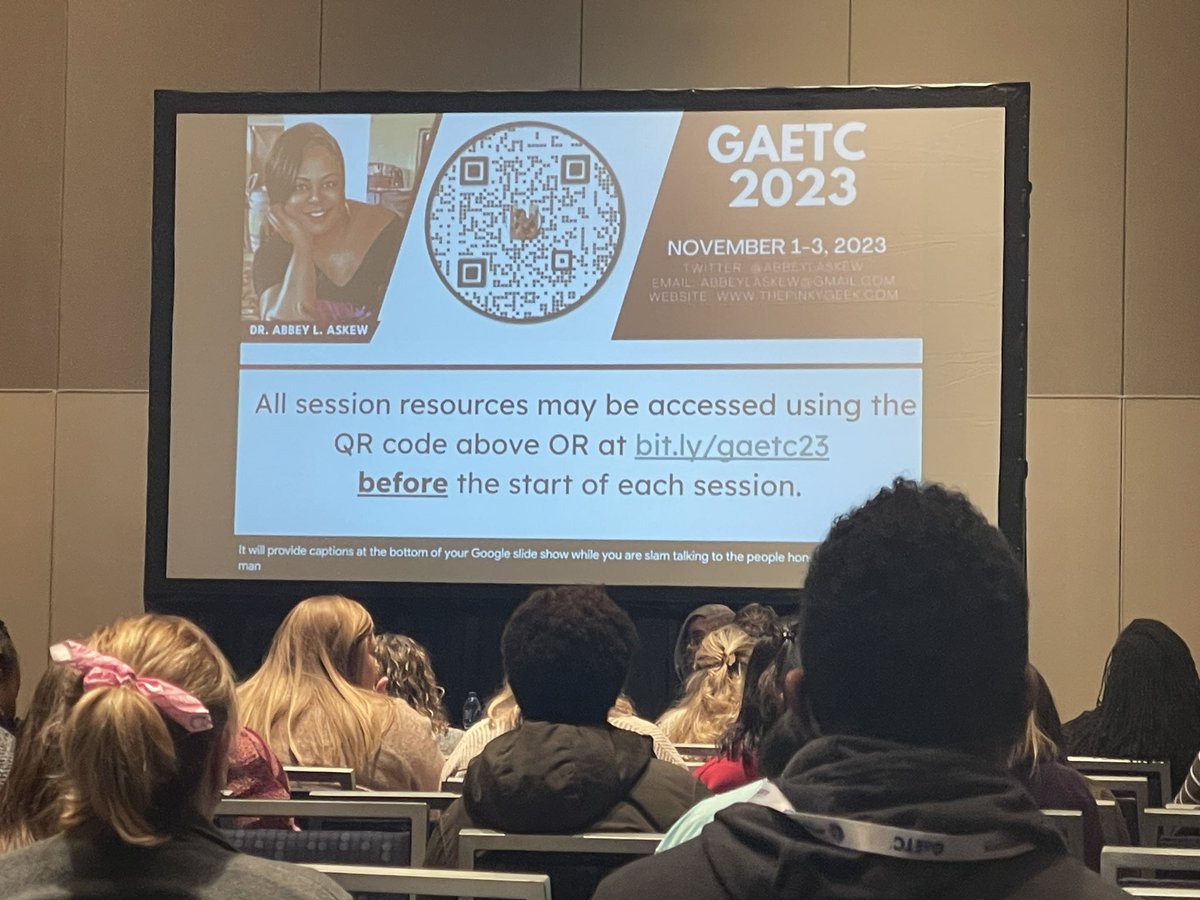 Learning about Raindrop, QR code chimp and using live captions in Google slides. Great stuff! Thank you Dr. Abbey Askew! #GaETC23