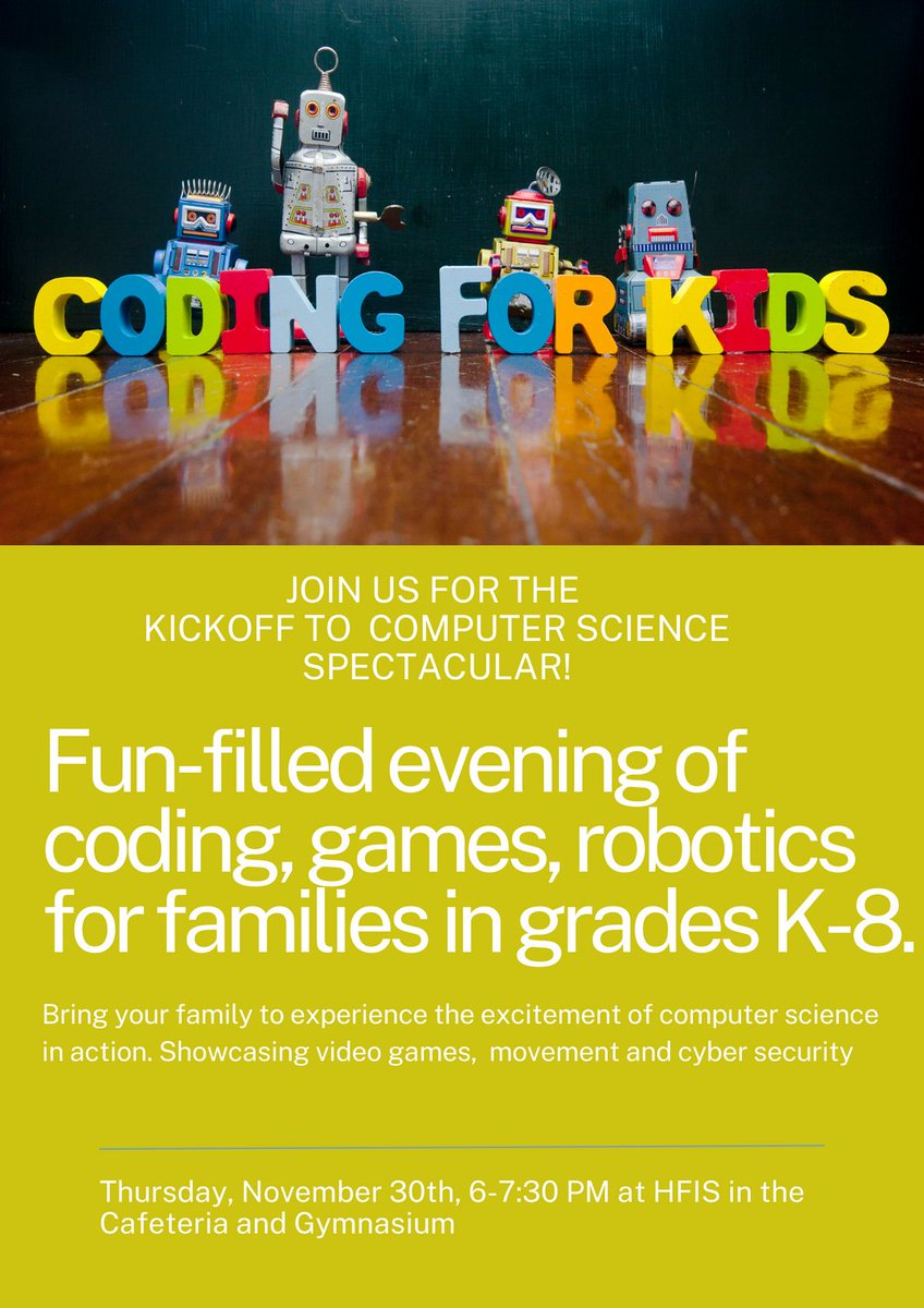 MrsMagyar's tweet image. Computer Science Week is coming and I am happy that #HFFMCSD will be hosting an event for families to learn about Coding, Robotics and Cyber Security. Hands on learning with 4 special students as teachers during the event.  #Kidscancode #AdultsCanCode #CSForALL