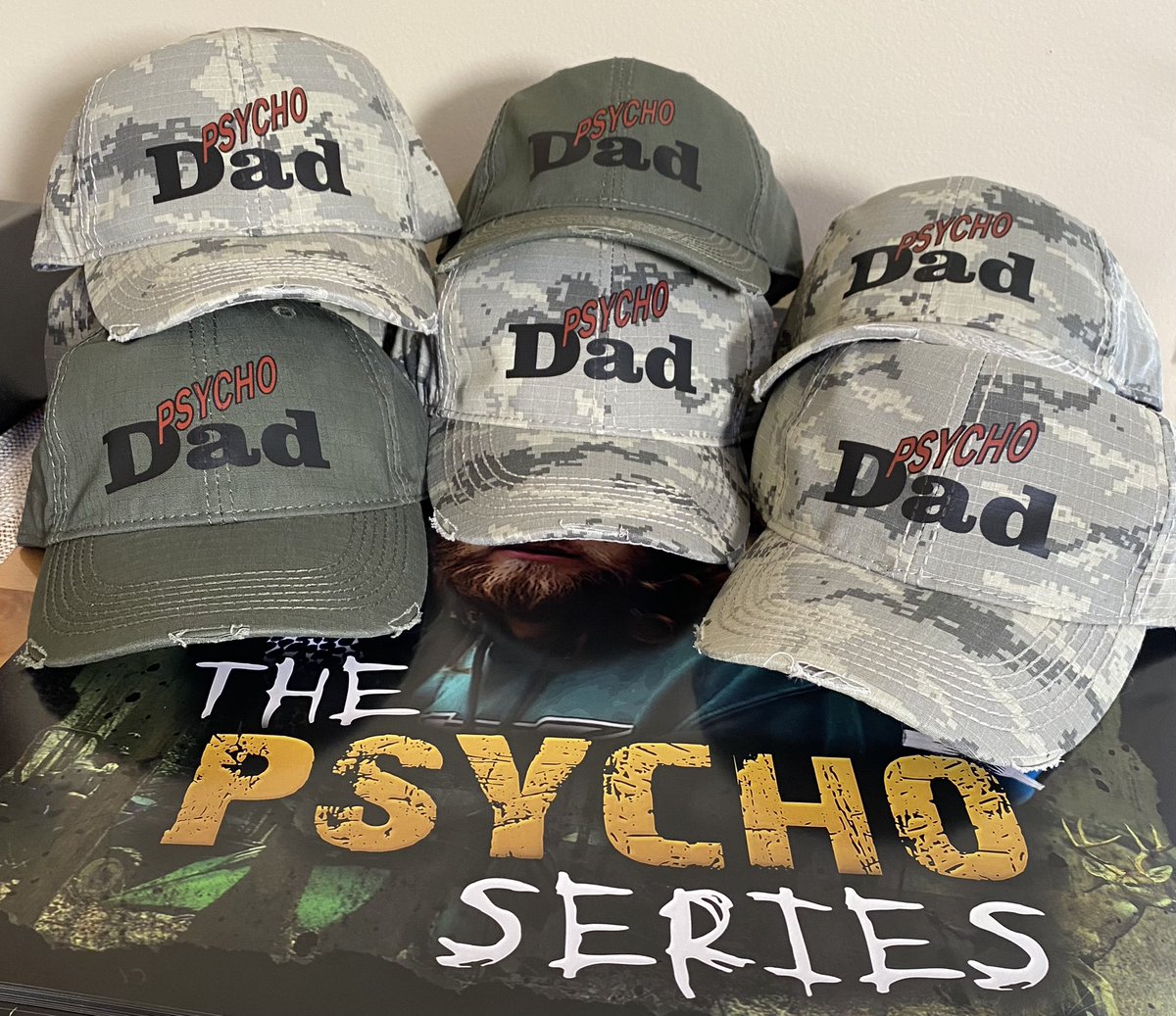 Made 8 Psycho Dad hats this morning! Get yours today! My fav is the Olive-Jeff loves the Camo! etsy.com/listing/238926…