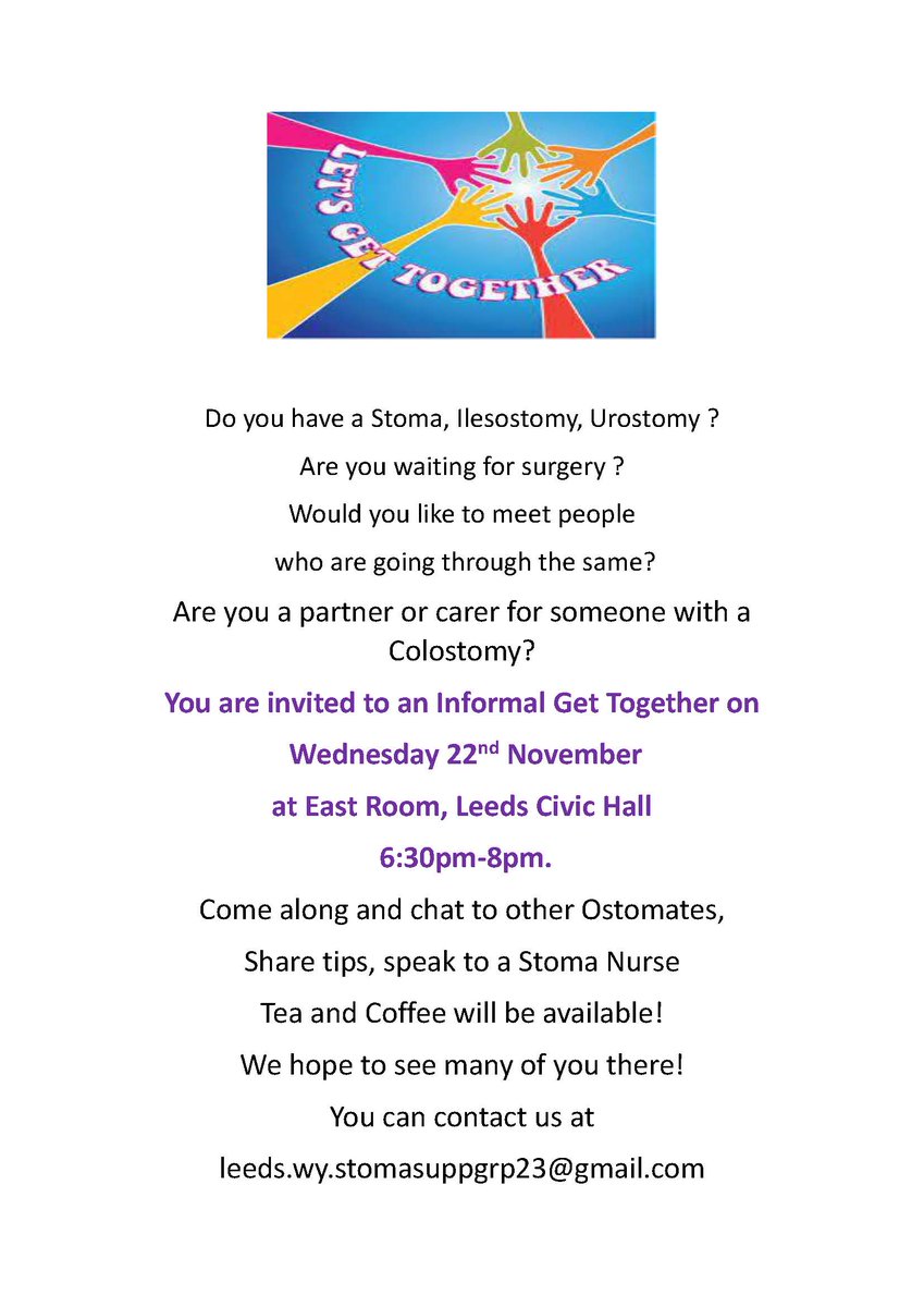 Do you live in the area of Leeds? Why not attend this get together! Enjoy a hot drink while you get to speak with other ostomates or a stoma care nurse 💜 Wednesday 22nd November at East Room, Leeds Civic Hall 6:30pm-8pm. 📧leeds.wy.stomasuppgrp23@gmail.com