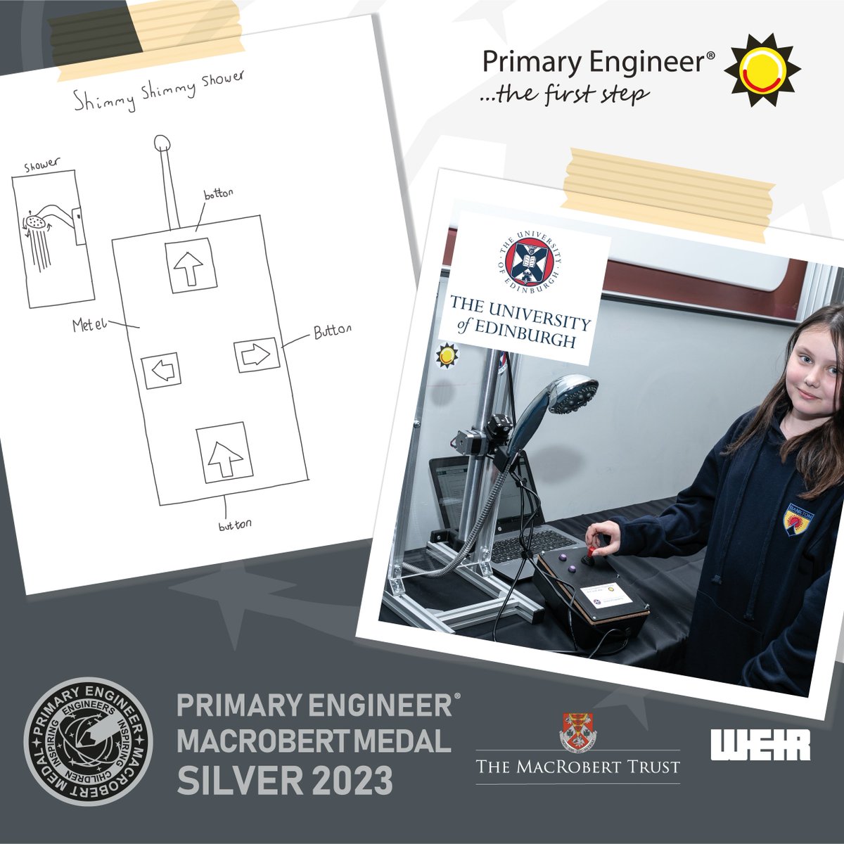 Congratulations to our Silver winner the Shimmy Shimmy Shower built by <a href="/EdinburghUni/">The University of Edinburgh</a> <a href="/SchoolOfEng_UoE/">School of Engineering</a> based on the engineering idea from Erin, Bankton Primary School 🥈👏
