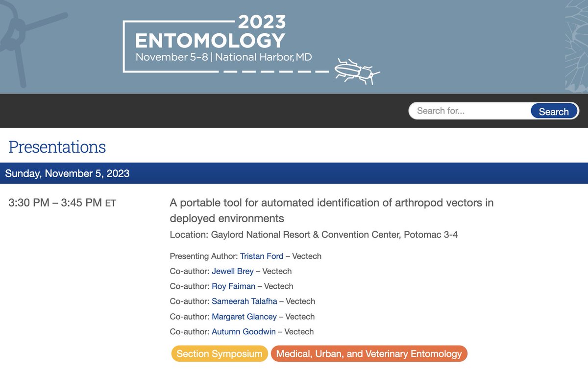 VecTechAI's tweet image. Vectech is at the 2023 @EntsocAmerica! Join Vectech’s CEO, Tristan Ford, for a presentation this Sunday at 3:30 PM in Potomac 3-4 to learn about how we’re working with the DoD to develop a portable tool for automated identification of arthropod vectors in deployed environments.