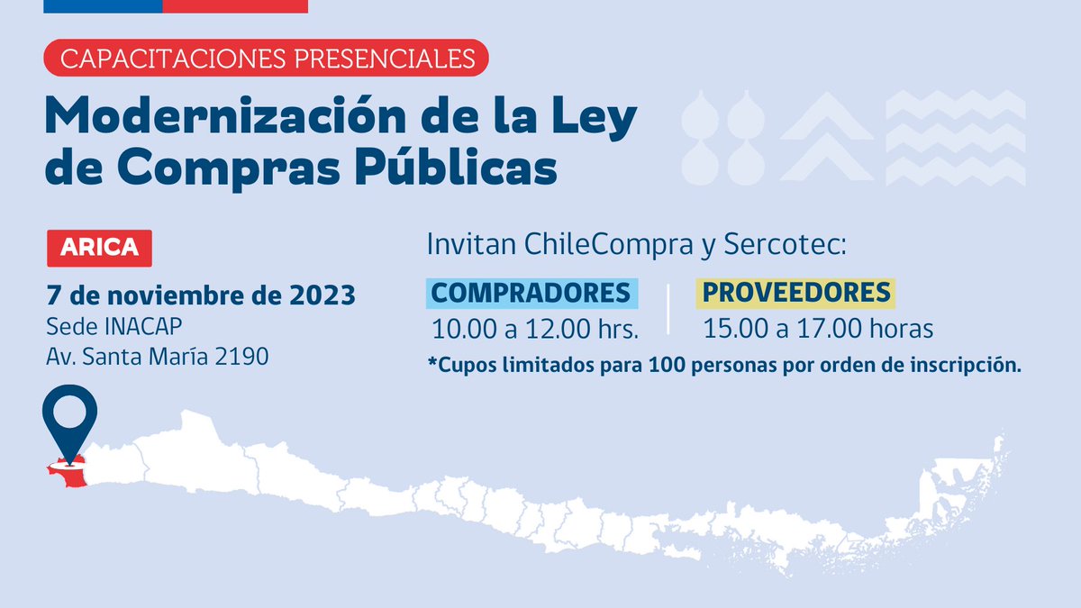 #NuevaLeydeComprasPúblicas: El 7/11 seguiremos con nuestro recorrido por el norte, capacitando a compradores y proveedores de Arica en la modernización de la Ley. 
🗓️7/11
📍ARICA
10.00 horas: Compradores bit.ly/3FC1evI
15.00 horas: Proveedores bit.ly/3QGaGof