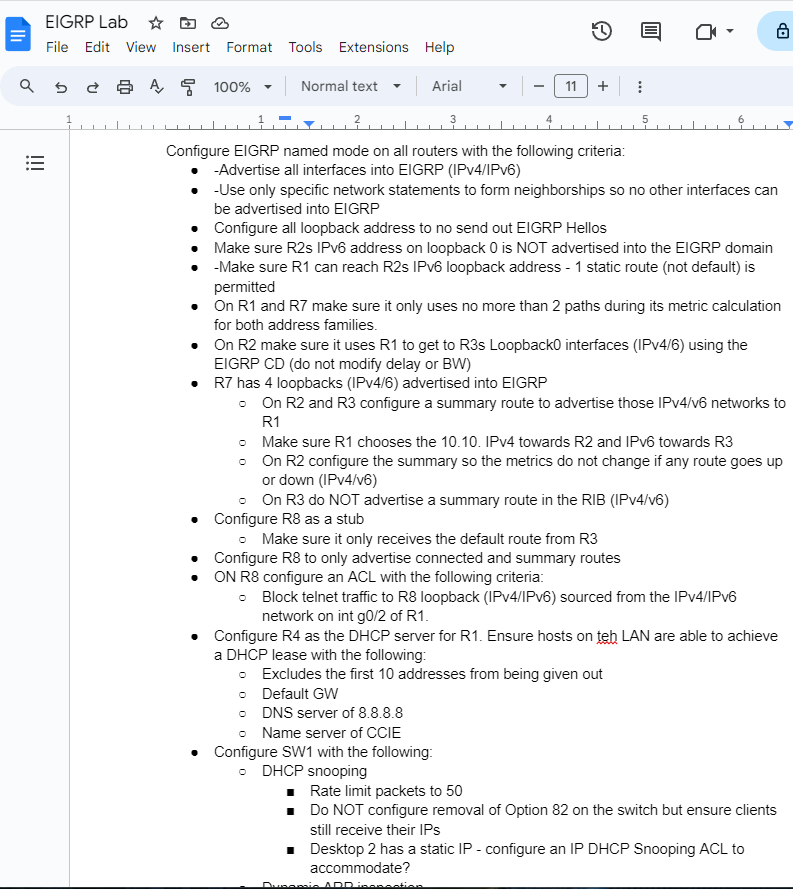 Kangaruess's tweet photo. Made a big EIGRP lab for my CCIE studies. Hopefully it encompasses all the blueprint topics along with some extras. Getting in that labbing stamina today! Its a 2 page draft, so be gentle😅 #lab #ccie #labeveryday #study #learn #friday #cisco #eigrp https://t.co/31XsWqPCYD