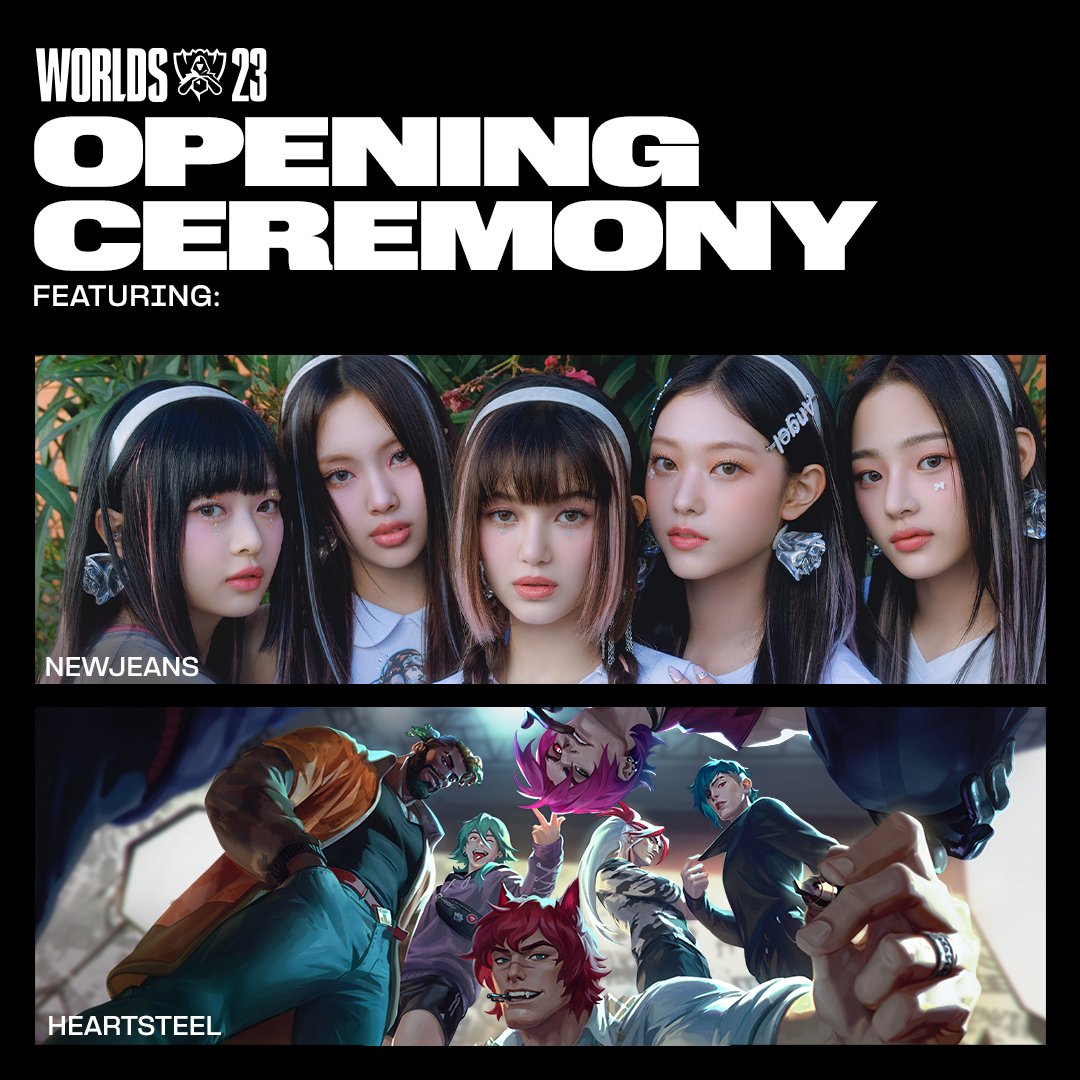 riotgamesmusic's tweet photo. y’all ready for this? introducing your #Worlds2023 Opening Ceremony artists:

⭐ @NewJeans_ADOR
⭐ @B_hundred_Hyun 
⭐ ØZI
⭐ @calscruby 
⭐ @tobilou 

November 19 | 00:00am PST (17:00 KST) | https://t.co/3pBd7m3rSx https://t.co/Mp0P4q2JdJ