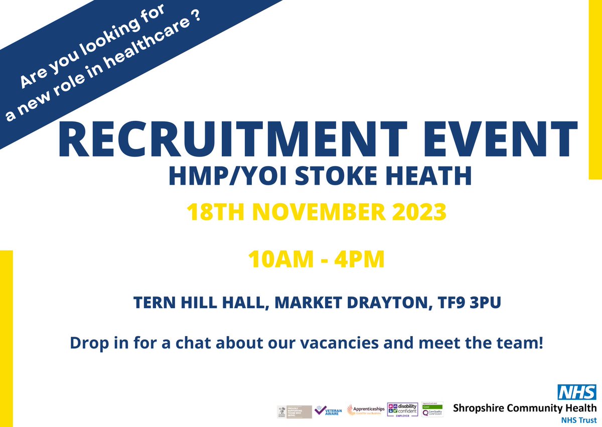 SCHT_Jobs's tweet photo. 📣Recruitment Event 📣
 
You are invited to join us for our HMP/YOI Stoke Heath recruitment event!
 
On the 18th November 2023 our team will be at Tern Hill Hall. We have a variety of roles available, please come along between 10am-4pm to meet the team! 👋 https://t.co/zjSAjwIC8j
