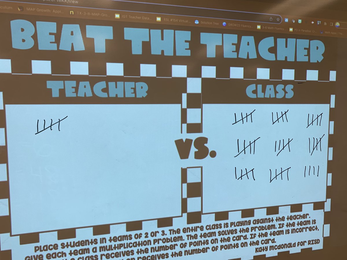 MagnoliaKaty's tweet photo. We played Beat the Teacher with 2 digit multiplication.  I think they get it!  One student said “You taught us too well, now you can’t win”.  ❤️ Thank you @RISDmath for the game! https://t.co/LflTsG7MiW