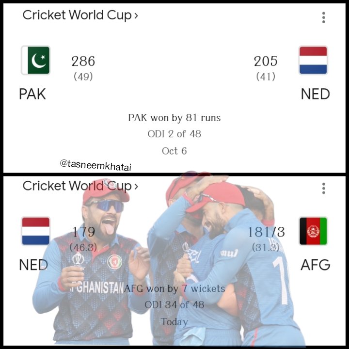 Pakistan Against Netherlands:-
• 286 Runs In 49 Overs While First Batting 
• Netherlands Almost Chased 

Afghanistan Against Netherlands:- 
• 181 Runs In 31.3 Overs While Chasing 
• Clear Dominance From Beginning

Hence Proved,
Afghanistan>>>> Pakistan 
#PAKvNED #AFGvNED