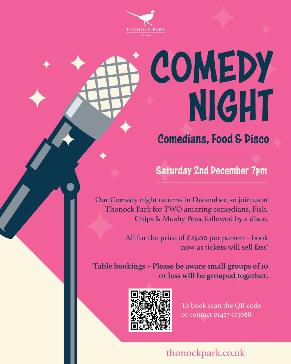 Our Comedy Night Returns at Thonock Park on Saturday 2nd December, 7pm to Midnight! 🎙️🪩  

With 2 brilliant comedians (Gary Marshall &amp; Bill Woolland), meal &amp; disco for just £25.00 per person.   

To book please click here: e-s-p.com/elitelive/book…

(Full payment due on booking!)