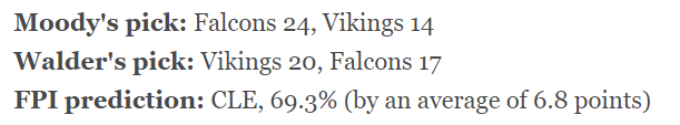 BearcatJack's tweet photo. The upcoming Falcons-Vikings game is so unpredictable that ESPN predicts the Browns will win it. #Skol https://t.co/t2ywMFzVnK