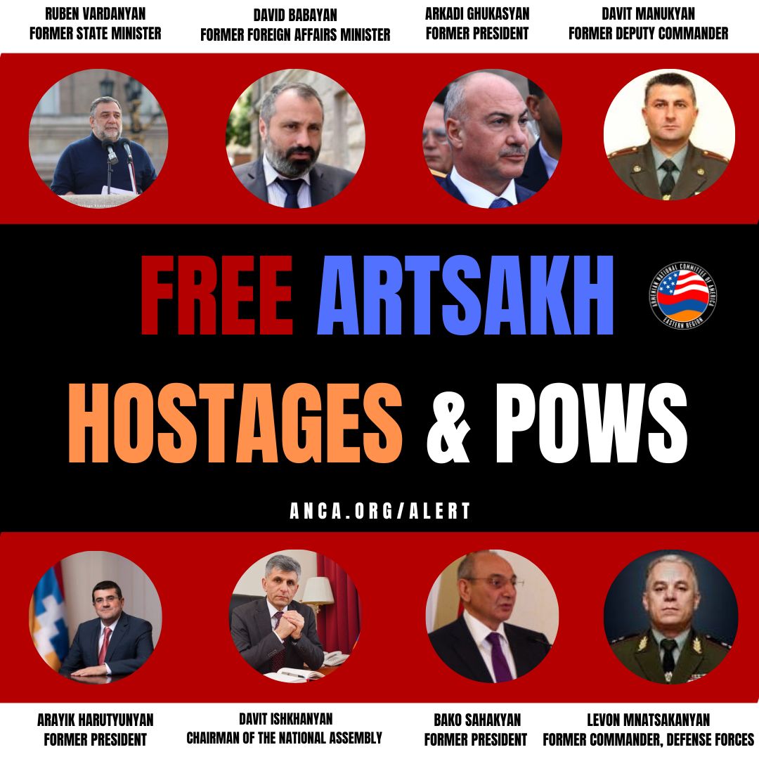 ANCA Eastern Region urgently calls for the IMMEDIATE and SAFE release of all hostages, prisoners of war, and detained individuals from Artsakh who are currently being held unlawfully by the Azerbaijani government in Baku.