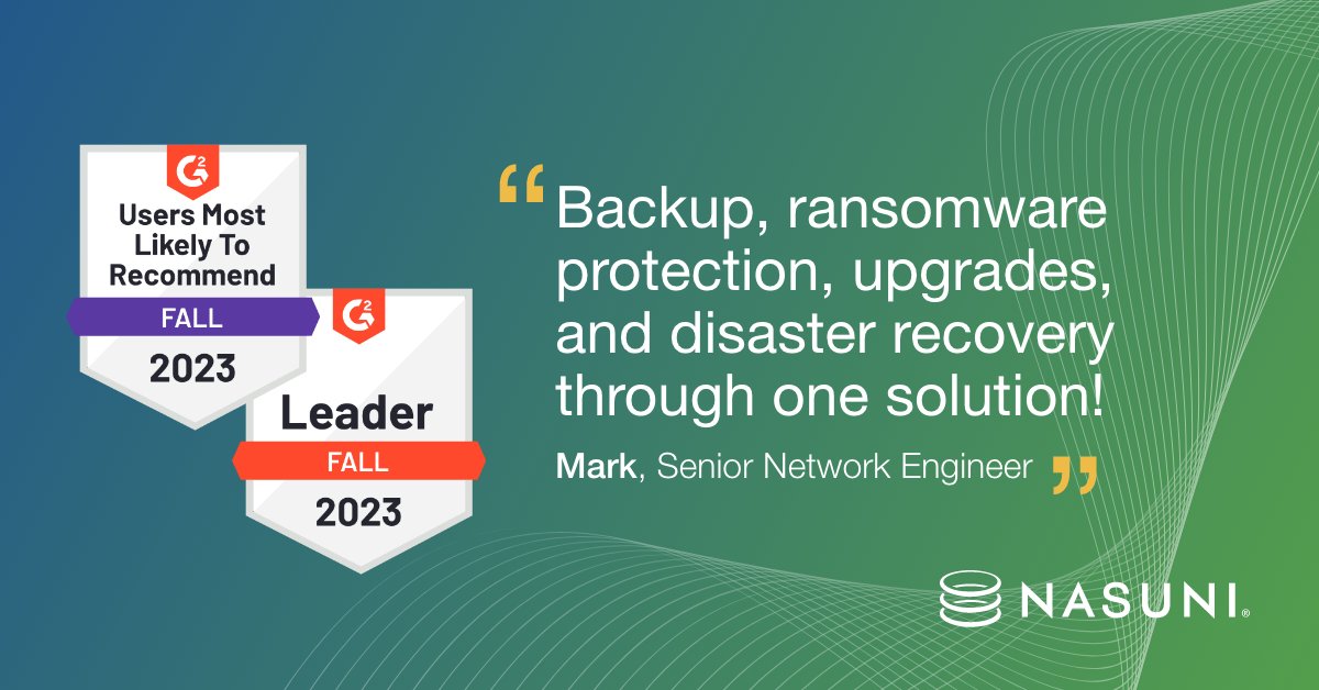 Nasuni's tweet image. We&apos;re honored to have received two badges in the 2023 @G2dotcom Fall Report in the #CloudFileStorage category! 👏

1. Leader in Cloud File Storage
2. Users Most Likely to Recommend in Cloud File Storage

Want to leave @Nasuni a review? Head to our G2 page! bit.ly/3ZSVbMy