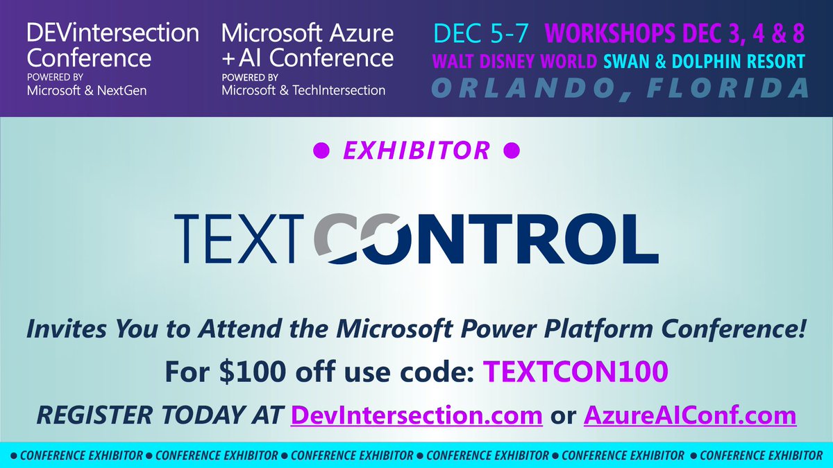 txtextcontrol's tweet image. Are you planning to attend #DEVintersection23 and #azureaiconf23 in Orlando this year? 

You can use our promo code TEXTCON100 to get a $100 discount.

@DEVintersection 

devintersection.com