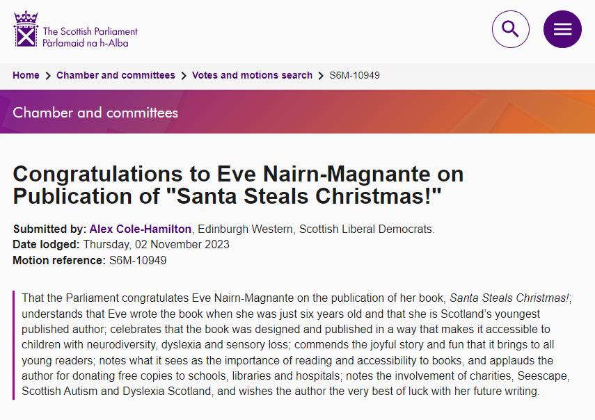 SantaStealsXms's tweet photo. Just WOW! HUGE thank you to Alex Cole-Hamilton MSP, Scottish Lib Dems and the Scottish Parliament for acknowledging Santa Steals Christmas! being accessible to children with neurodiversity, dyslexia and sensory loss @agcolehamilton @scotlibdems @ScotParl https://t.co/0y8KnuHB04 https://t.co/AFGN6MZvlA