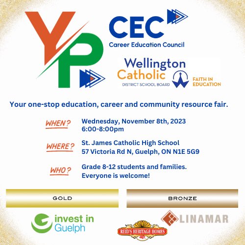 The countdown is on to Your Pathways-Your Choice in Guelph! This event is open to all students and their families. Gain insights about high school programs, post-secondary options, volunteering, community resources, and career opportunities. We hope to see you there! <a href="/CEC_GWD/">Career Education Council</a>