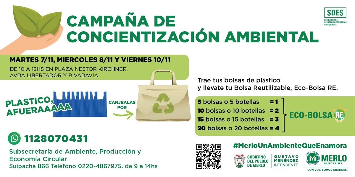 MerloGob's tweet photo. La Secretaría de Desarrollo Económico #Sustentable pone a disposición esta iniciativa destinada a obtener tu #BolsaReutilizable 
📅El 07, 08 y 10/11
📌Plaza Néstor Kirchner - Av. del Libertador y Rivadavia
🕕De 10 a 12 hs
♻️Trae bolsas de plástico para canjearlas
#MerloGob https://t.co/5ijlwkbu7l