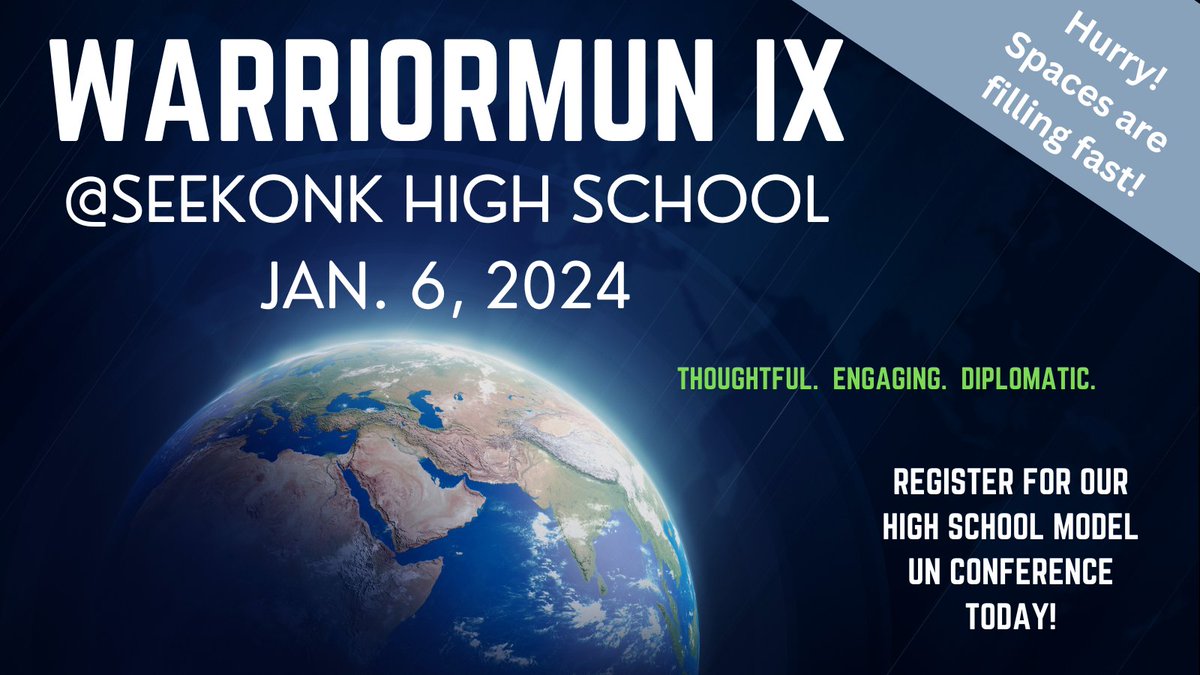 SeekonkModelUN's tweet photo. Have you registered yet??  Spaces are filling fast!  Check out @SeekonkHS 's fully-immersive WarriorMUN Conference - Sat., Jan. 6, 2024! @SeekonkPS 
Registration is open - sign up today at https://t.co/LGkxMuSZJK https://t.co/RfQDS8JHf3