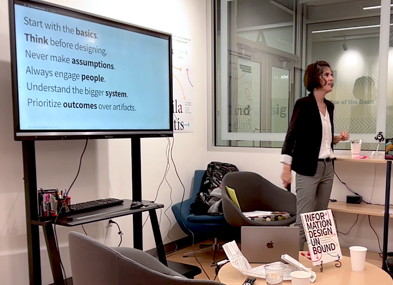 Six key takeaways of Information Design Unbound from Sheila's talk yesterday. <a href="/NU_CAMD/">Northeastern CAMD</a> <a href="/NU_CfD/">Center for Design at CAMD</a> 
1. Start with the basics
2. Think before designing
3. Never make assumptions
4. Always engage people
5. Understand the bigger system
6. Prioritize outcomes over artifacts