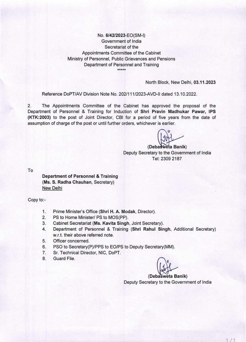 IPS officer Pravin Madhukar Pawar appointed as Joint Director of CBI for a period of five years from the date of assumption of charge of the post or until further orders, whichever is earlier: Govt of India