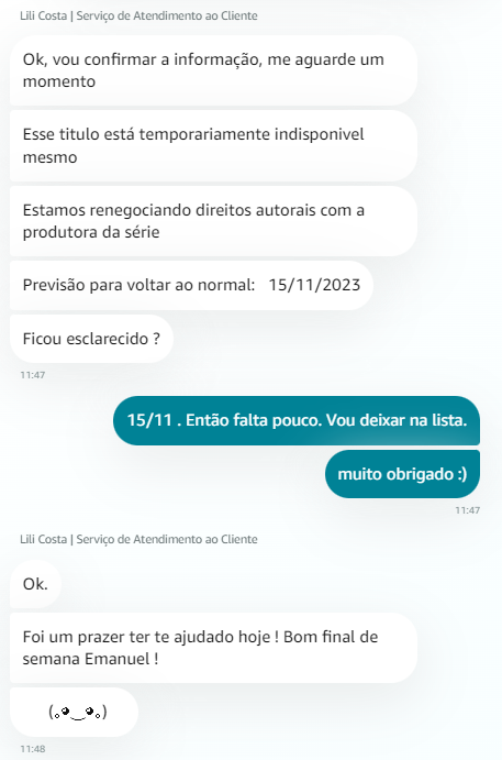 EMANUELFLORIPA's tweet photo. Informativo, rápido e preciso no atendimento. Obrigado, @PrimeVideoBR @amazonbrasil . Levou 3 minutos pra eu ser atendido e ter a informação que queria. https://t.co/XTF703yOMy