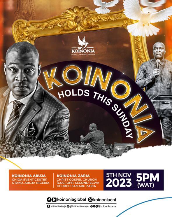 Join us this Sunday at KOINONIA as we come together in unity to experience God's Word, which has the potential to ignite our faith and create truly transformative experiences in all aspects of our lives.

You can join us in person at our Abuja and Zaria Centres, located at Chida