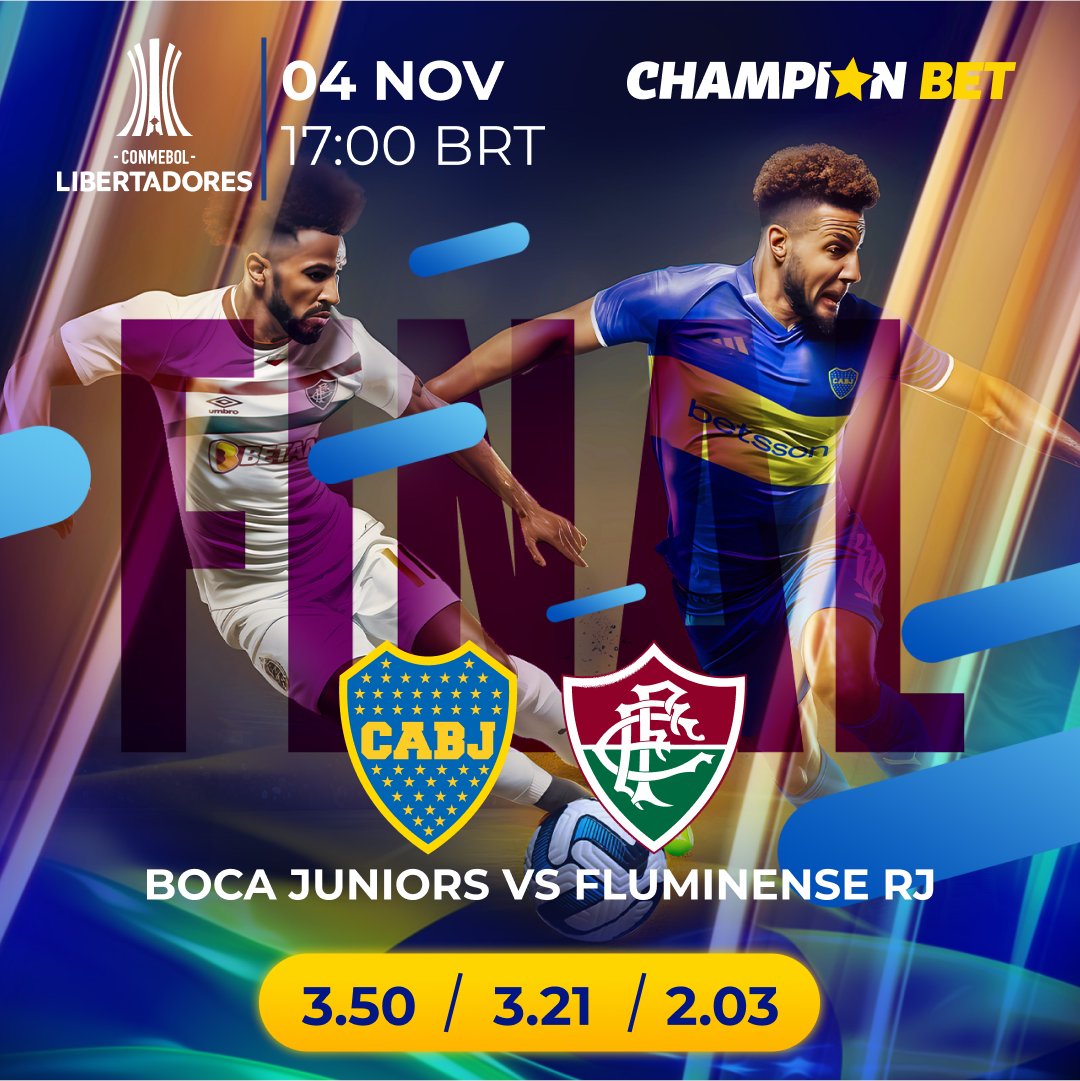 ChampionBetBraz's tweet photo. Olá, fanáticos por futebol! Preparem-se para um dos maiores confrontos do ano! A ⚽🏆 FINAL da Copa Libertadores é no dia 4 de novembro! É o Boca Juniors 🆚 Fluminense, um confronto que você certamente não vai querer perder!

Seu último encontro terminou em um empate... 1️⃣-1️⃣. Mas aqui estão algumas estatísticas fascinantes para que seu instinto de apostador seja acionado:
Quando o Boca Juniors lidera por 1 a 0 em casa, a vitória é quase garantida, com uma taxa de vitória de 88%! 🏟️💪

Mas não subestime o Fluminense! Quando está ganhando por 0 a 1 fora de casa, o time conseguiu vencer 80% dos seus jogos! 🛫💥

Diante da derrota, o Boca Juniors saiu vitorioso em 14% de suas partidas, enquanto o Fluminense tem uma taxa de recuperação um pouco maior de 15% quando está perdendo por 1 a 0 fora de casa. 🔄🎲

Nos últimos cinco confrontos, a disputa está acirrada entre Boca Juniors e Fluminense, cada um com 2 vitórias e 1 empate! 🏁🔥

Apesar de o Fluminense ter um desempenho melhor na Copa Libertadores, o Boca Juniors não vai cair sem lutar! 🥊🏅

Qual é a decisão? O Fluminense justificará seu status de favorito com chances de 2,05 para uma vitória? Ou será que o Boca Juniors vai atrapalhar os prognósticos?
Seja qual for o seu lado, faça suas apostas agora com a ChampionBet e tenha a chance de ganhar muito! 💰🤑

Junte-se à ação e vamos começar um incrível confronto juntos! 🥳🎉 https://t.co/tYZQQSJvvW

#CopaLibertadores #ChampionBet #BocaJuniors #Fluminense #Final #Betting