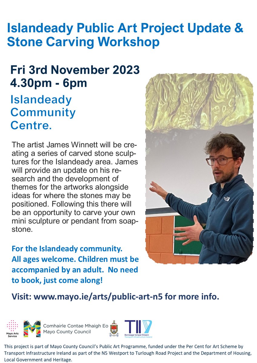 Artist James Winnett returns to Islandeady, Breaffy, Turlough and Parke Communities as part of the N5 Westport to Turlough Road Project Today's workshop for Islandeady Residents takes place at 4.30pm in Islandeady Community Centre. All welcome. @mayo.ie @publicart.ie