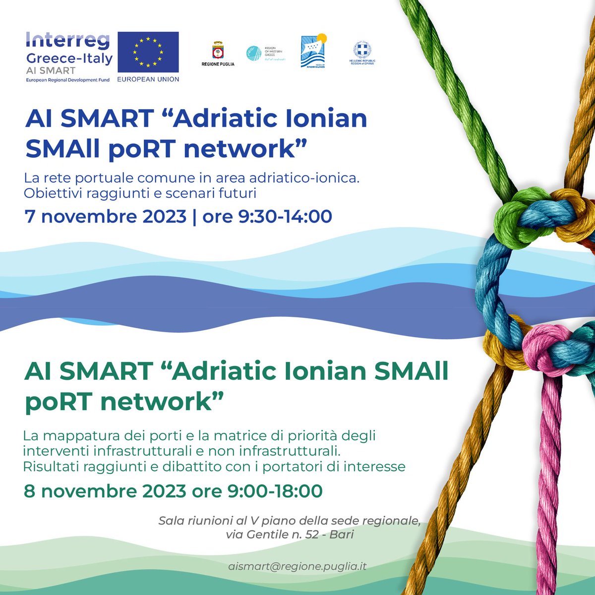 AiSmartProject's tweet image. #AISMART Project: Puglia Region is preparing to welcome two days of strategies and innovation🛳
👇🏻On 7 & 8 november, from 9.30 to 18.00, key events will be held for the development of an Adriatic-Ionian port network
@Interreggr_it
#GreeceItaly #Interregproject #EUproject