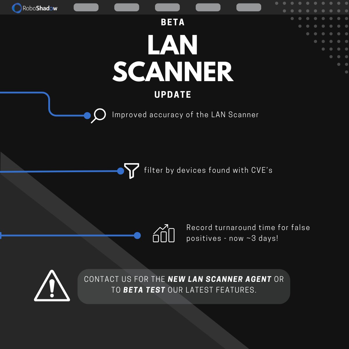 Robo_Shadow's tweet image. Big thanks to our testers &amp;amp; devs for enhancing RoboShadow! 🎉 We&apos;ve improved LAN Scanner accuracy and added new CVE device filters. Contact us for the new LAN Scanner agent or to BETA test new features.

 Keep the dev requests coming! 🙌

#RoboShadow #CyberSecurity #LANscanner