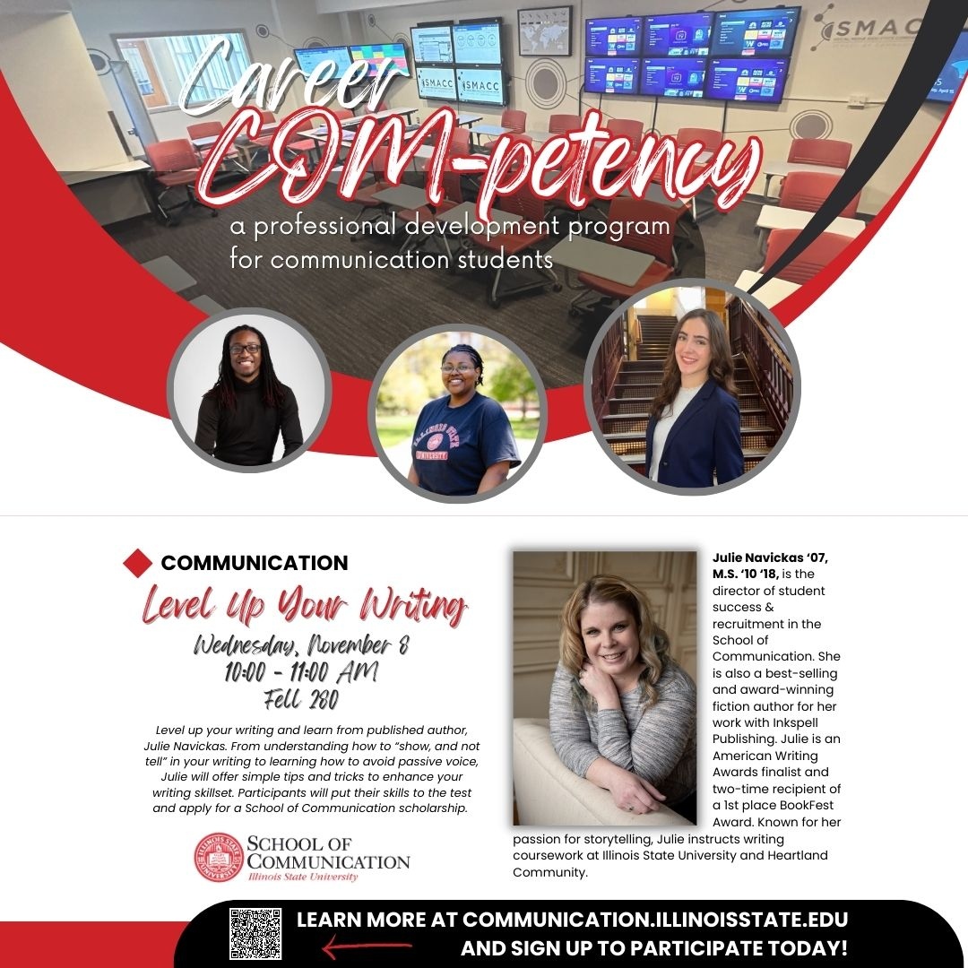 Save the date for our next Career COM-petency workshop! 

Wednesday, November 8th 
10:00 – 11:00 AM
Fell 280

Level up your writing and learn from published author, @JulieNavickas. 
.
.
.
.
.
#CareerCOMpetency #FellHall #ISU #BestintheMidwest #SchoolofCommunication