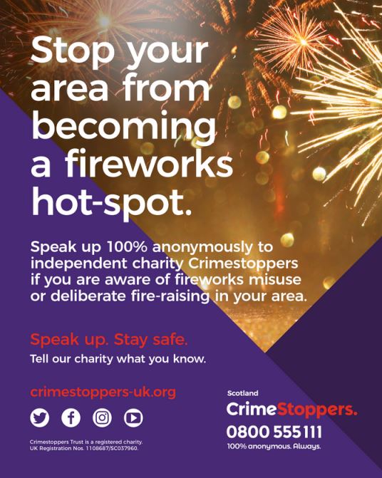 PSOSGreaterGlas's tweet photo. Serious #Fireworks misuse puts people, property &amp; animals at risk of harm.

Speak up, 100% anonymously to independent charity Crimestoppers about those involved in fireworks misuse and fire-raising - call 0800 555 111 or fill in the online form: https://t.co/djUXaHJveK https://t.co/otBRmwWOGl