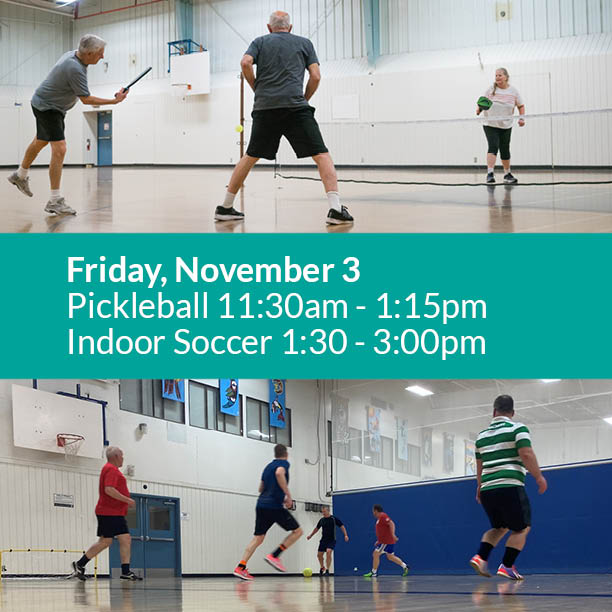 Friday, November 3 
⏰ Program Time Change ⏰

Due to Pro-D Day Daycamps, the following program times have been CHANGED for today:
🥒 Intermediate Pickleball / 11:30am - 1:15pm
⚽ Indoor Soccer / 1:30 - 3:00pm