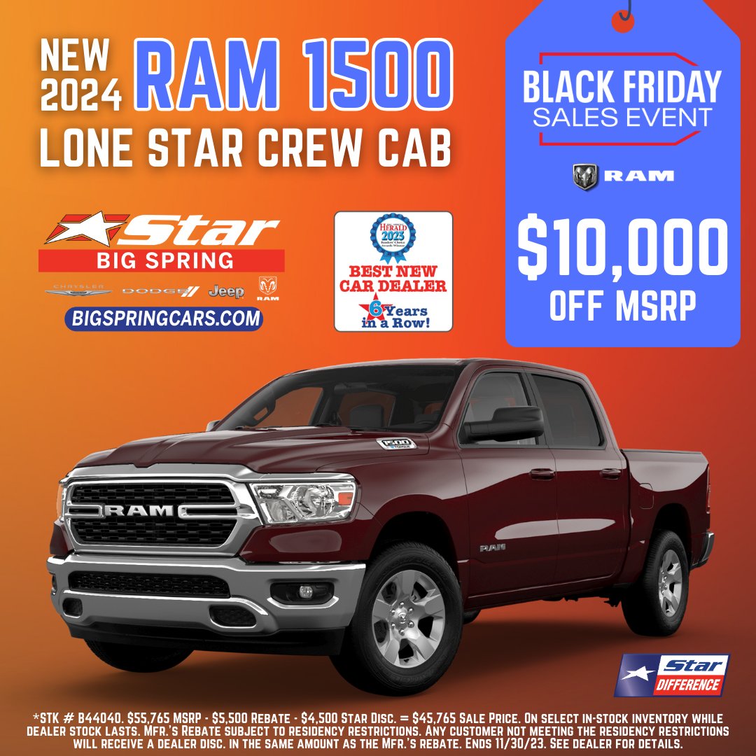 BigSpringCDJR's tweet photo. Black Friday has already started at STAR and that means BIG SAVINGS all month long! We've got new 2024 Ram 1500 Lone Star Crew Cabs with $10,000 OFF!!! Hurry in for the best selection! https://t.co/etp8hnKcV3 https://t.co/FmLFqTZroM