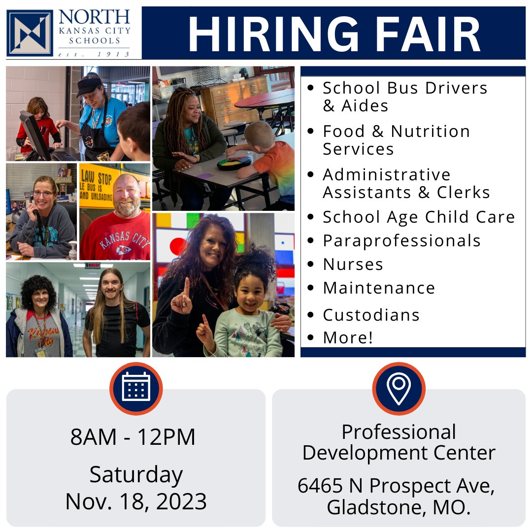 NKCSchools's tweet photo. Our next hiring fair is coming soon! We're on the lookout for staff in various roles, from bus drivers to maintenance, food service, & more.
π
Sat., Nov. 18 | 8A-12P
π Professional Development Center at 6465 N Prospect Ave, Gladstone, Mo.
πhttps://t.co/nFnmHhkBEs https://t.co/GFZhj3IZcN