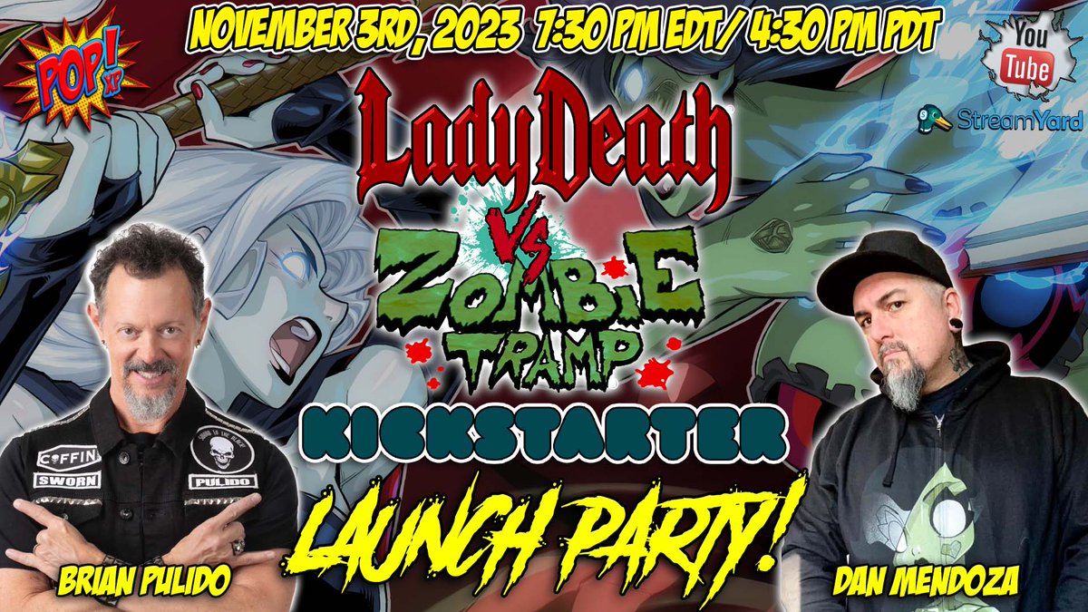 TONIGHT AT 7:30 PM EDT! Join @NileScala and @BillyTucci as we welcome two of our closest friends Brian Pulido and Dan Mendoza back to the channel as we discuss and launch LADY DEATH VS. ZOMBIE TRAMP! youtube.com/live/Ag9cV-YjS… @TheBrianPulido @ARTofDANMENDOZA #crowdfunding #comics