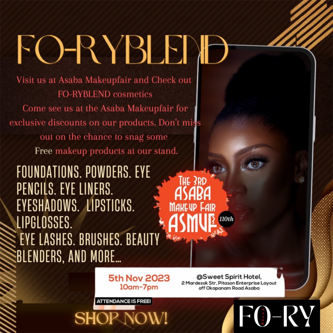 ForyBlend's tweet photo. Visit us at Asaba Makeupfair and Check out 
FO-RYBLEND cosmetics
Come see us at the Asaba Makeupfair @themakeupfair for exclusive discounts on our products. Don’t miss out on the chance to snag some 
 Free makeup products at our stand.
Chat/order - 07041763388

 November 5th https://t.co/BCAwsqabHN
