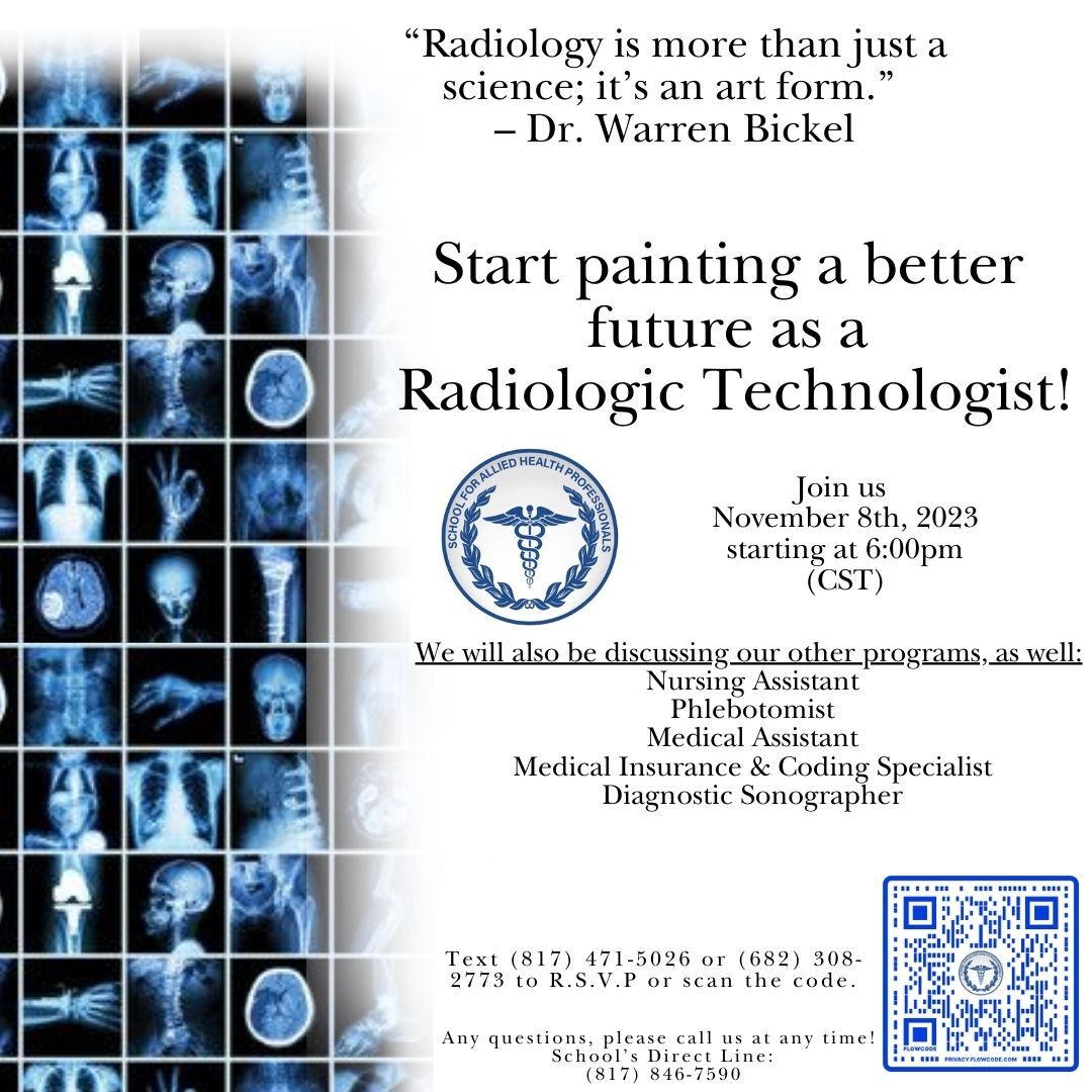 SFAHP_School's tweet image. Come join us in learning more about a possible career path!
Our virtual open house is November 8th,2023 at 6pm!!
#medicalschool #Nursingassistantprogram #medicalassistantprogram #SFAHP
#Radiologic #Sonographer #phlebotomy