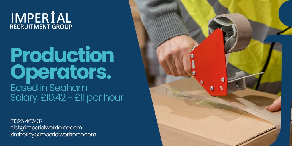 📢***Imperial Workforce is recruiting a number of full-time operatives for our client based in Seaham. £10.42 - £11 per hour.

01325467437
nick@imperialworkforce.com
kimberley@imperialworkforce.com
imperialrecruitmentgroup.com