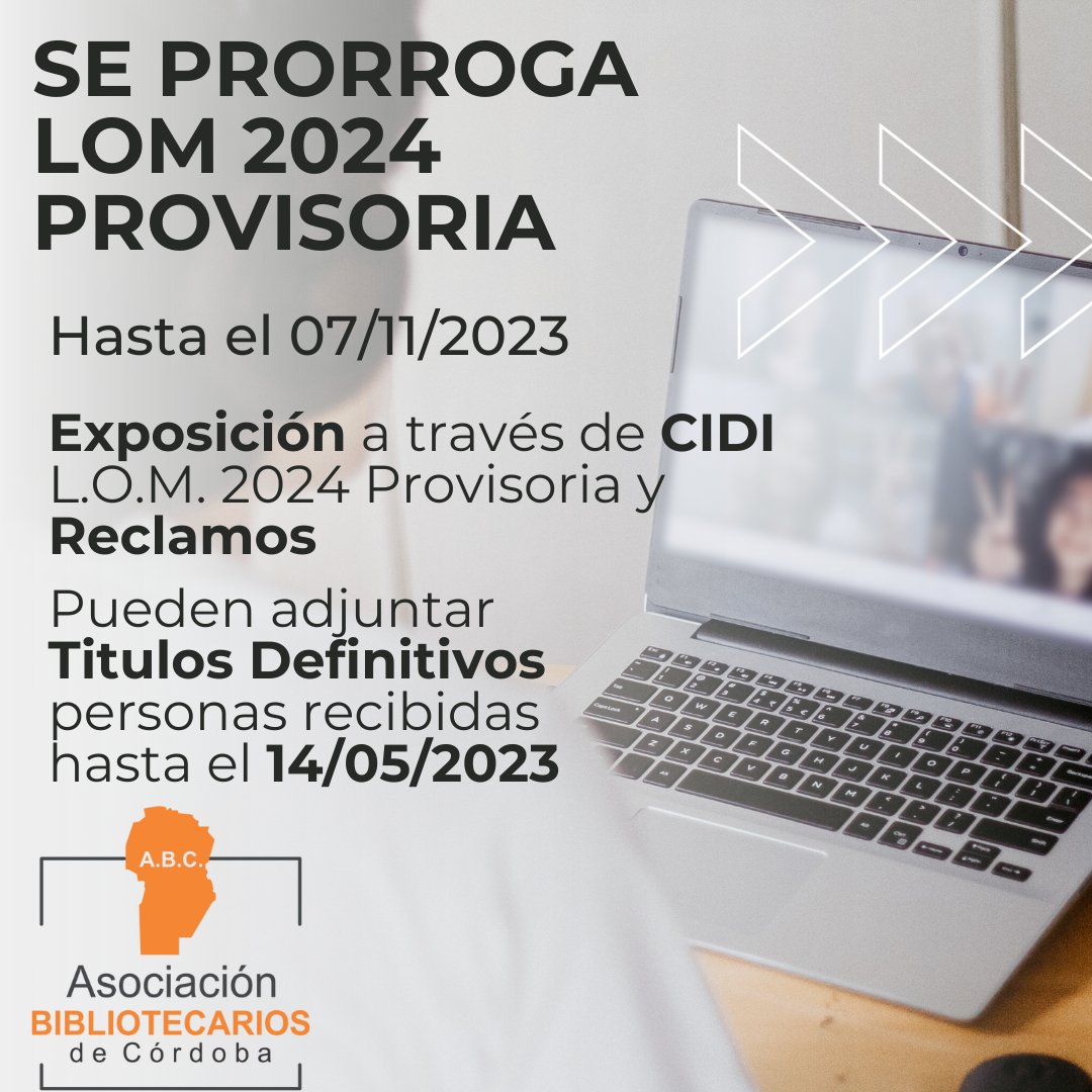 abc_cordoba's tweet photo. 📌SE PRORROGA HASTA 07/11/2023 EXPOSICIÓN LISTAS de ORDEN de MÉRITO PROVISORIAS 2024📚📖🇦🇷
📲EXPOSICIÓN L.O.M. 2024 PROVISORIA y RECLAMOS📅Hasta el 07/11/2023⚠
📝Más información: https://t.co/Te96sjlB2J
#Abibcor #LOM2024 #bibliotecasescolares #EDUCACION #cordobaargentina https://t.co/WwMKSKY5S4