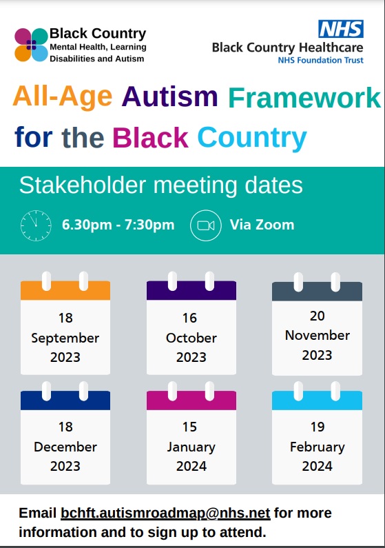 Do you live in the Black Country and have a lived experience of autism? Or maybe you care for, or work with, autistic citizens?    

Join our All-Age Autism Framework Stakeholder meeting to get involved with the All-Age Autism Framework in the Black Country!