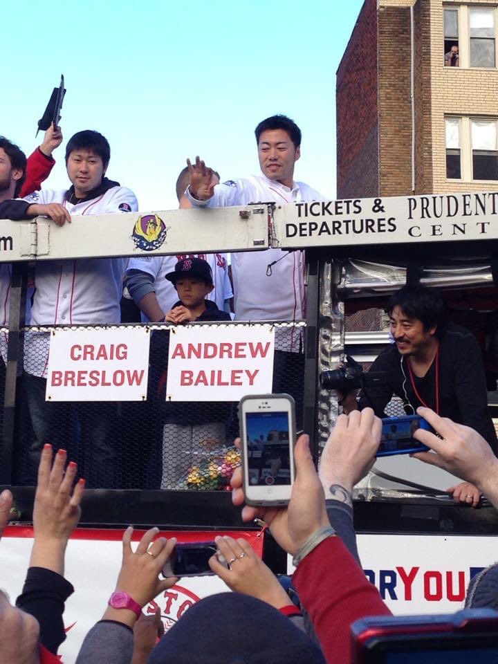 xadamx89's tweet image. This came up on my Facebook memories funny how back in 2014 I went to the Red Sox championship parade funny I took a picture of the duck boats and I just so happen to take a pic of the new Red Sox gm Craig breslow.