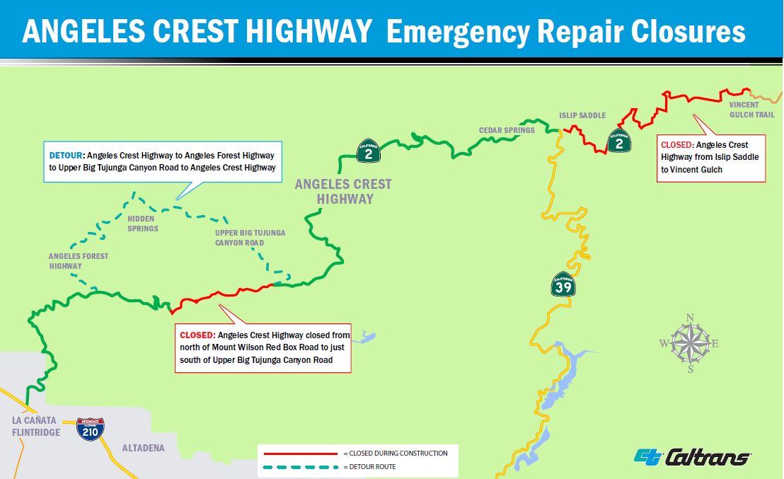 *Angeles Crest Hwy* is now OPEN from Upper Big Tujunga Cyn Rd. to Islip Saddle. ACH remains CLOSED from Mount Wilson Red Box Rd. to Upper Big Tujunga & from Islip Saddle to Vincent Gulch for emergency repairs. Photo: Rebuilding roadway at post mile 65.3. QuickMap.dot.ca.gov