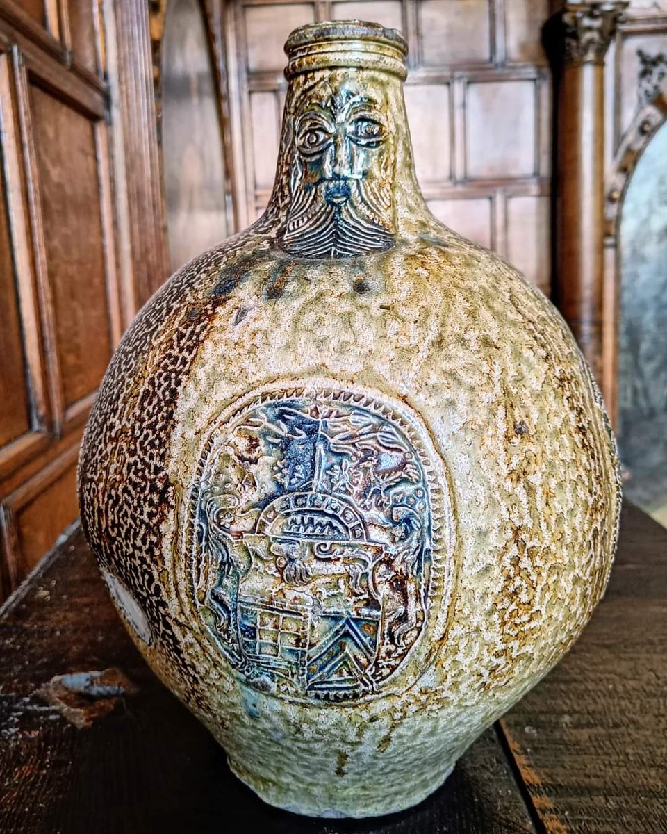 On #DetailsOfAstonHall today: our Bartmann jug.

Also called Bellarmine jugs, this type of salt-glazed stoneware vessels have characteristic decorations of bearded men on their necks.