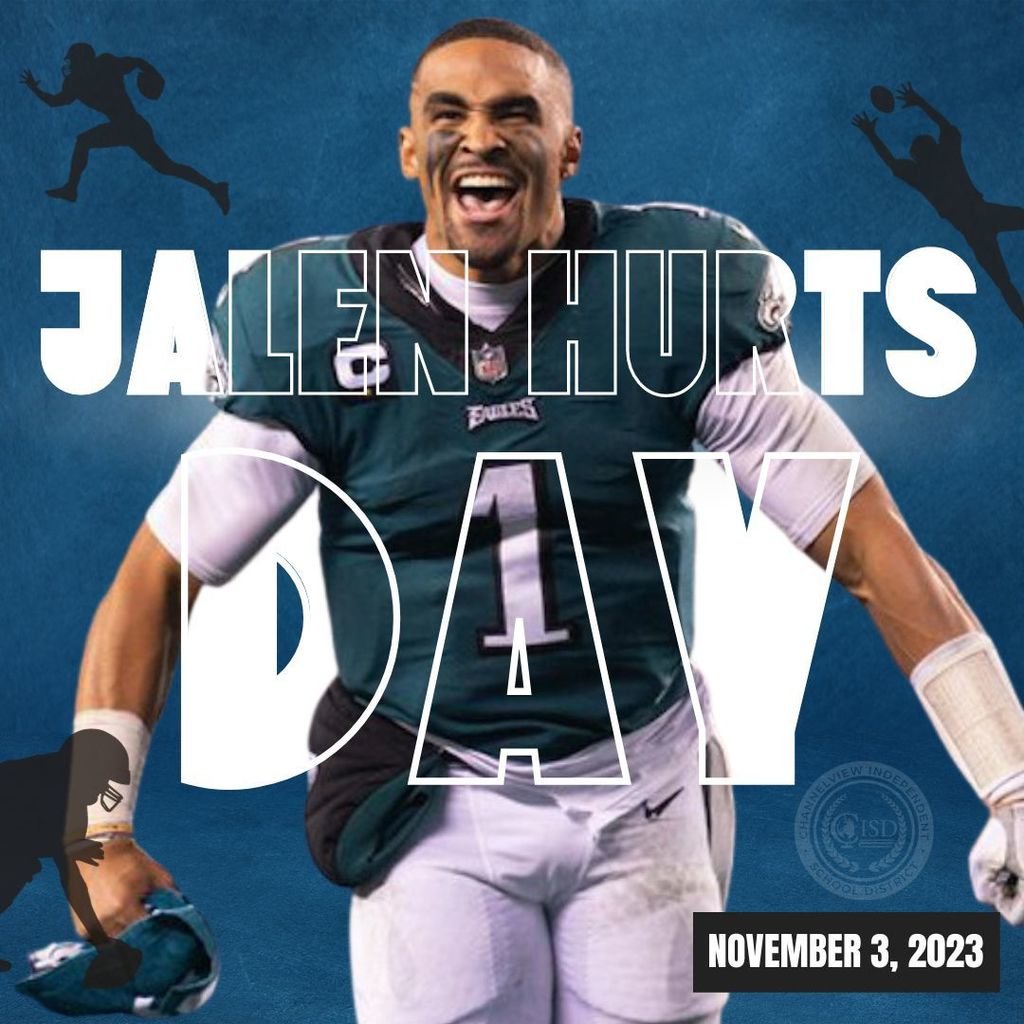 ChannelviewISD's tweet photo. 🏈🎉 Happy Jalen Hurts Day! 🎉🏈

Today, Channelview ISD is giving a shoutout to the incredible @JalenHurts for his dedication, hard work, and leadership both on and off the field. As a quarterback, he's shown us what it means to be resilient, determined, and a true team player. https://t.co/uoIOe6MSgY