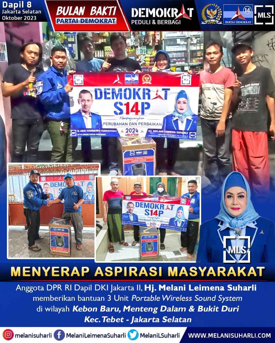 Memberikan bantuan wireless portable atas aspirasi warga menteng dalam, kebon baru dan bukit duri kecamatan Tebet, Jakarta Selatan <a href="/PDemokrat/">Partai Demokrat</a> <a href="/FPD_DPR/">Fraksi Partai Demokrat DPR-RI</a> <a href="/PDemokratjkt/">DPD Demokrat Jakarta</a> <a href="/AgusYudhoyono/">Agus Harimurti Yudhoyono (AHY)</a> <a href="/Edhie_Baskoro/">| iBas Yudhoyono |</a> <a href="/RAMujiyono/">R A M</a> <a href="/alimuhsuharli/">Ali Muhammad Johan.DKIJakarta</a>