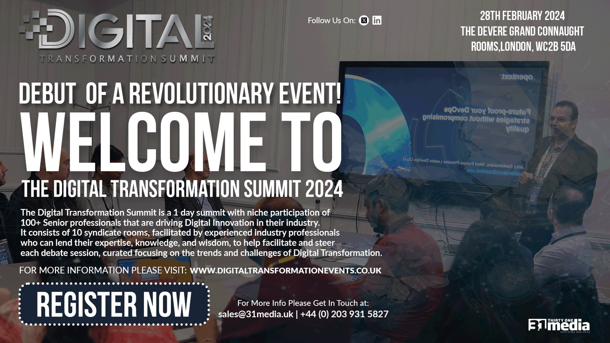 DevOpsAmerica's tweet photo. We are delighted to introduce our carefully planned "Digital Transformation Summit," created to meet the high demand from our amazing audience. 
Date: 28th Feb 2024 
Location: Central London 
To know more about the summit: https://t.co/qoWmyfEJHl

#digitaltransformation #TechNews https://t.co/MERDtOPB44