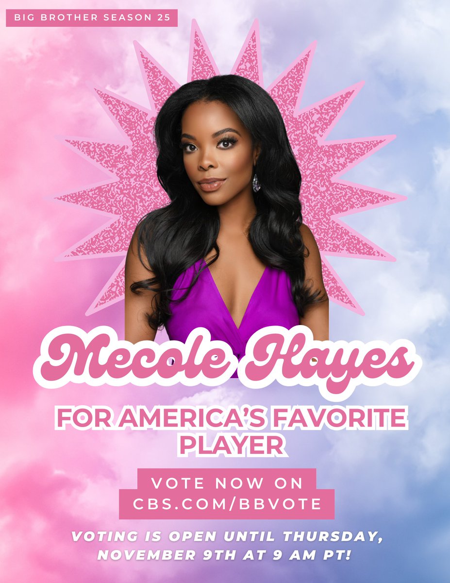 Meme_Hayess's tweet photo. MECOLE HAYES FOR AFP! 🩷 #MEME4AFP

ALL you need is an email address to send 10 votes! #BB25 

VOTE HERE➡️https://t.co/QzCt0Gravb https://t.co/URAuRXWJai