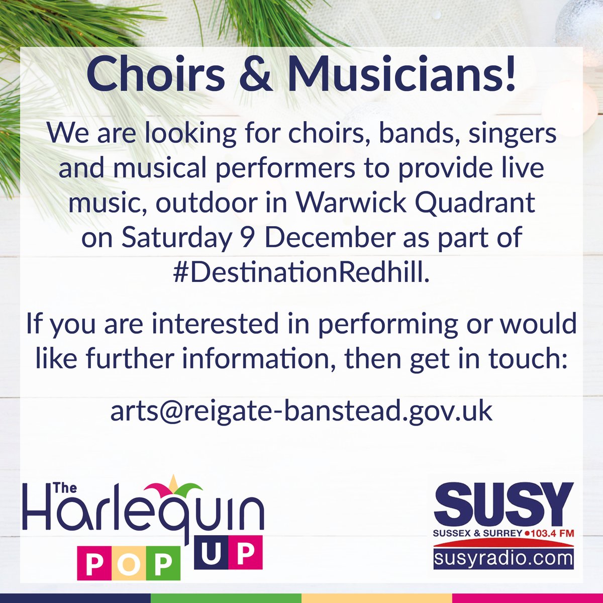 Calling all local choirs, musicians, bands, buskers, singers and carolers!

We are looking for musical asts to perform live music at Warwick Quadrant on Saturday 9th December as part of #DestinationRedhill. 

To find out more email Kay on: arts@reigate-banstead.gov.uk