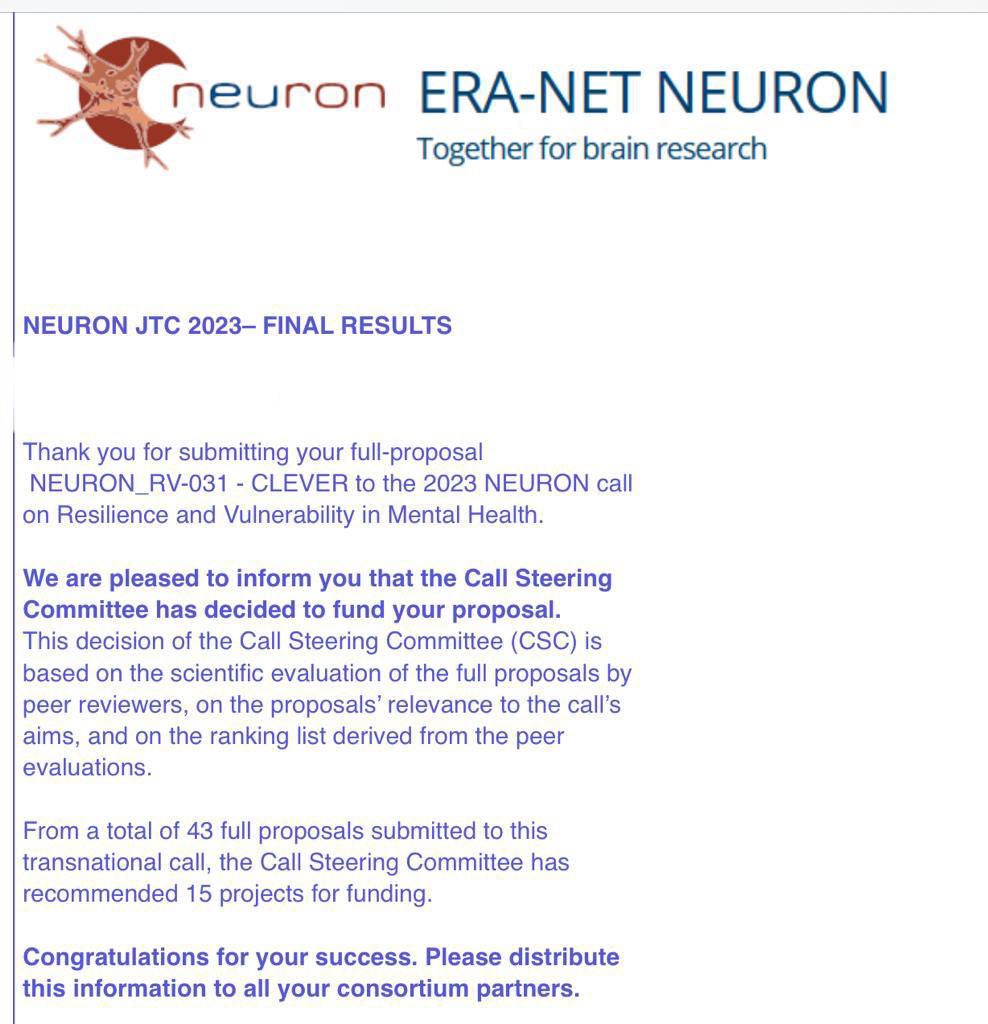 Fumagalli Lab (@psychopharmlab) on Twitter photo Clever people won a CLEVER project!! ✨⚡️
Super great news from our lab: with the CLEVER project we won the <a href="/EraNeuron/">ERA Net Neuron</a> call on Resilience and Vulnerability in Mental Health !
Congrats to the people of the network for reaching this goal.
#ERANEURON Clever people won a CLEVER project!! ✨⚡️
Super great news from our lab: with the CLEVER project we won the <a href="/EraNeuron/">ERA Net Neuron</a> call on Resilience and Vulnerability in Mental Health !
Congrats to the people of the network for reaching this goal.
#ERANEURON