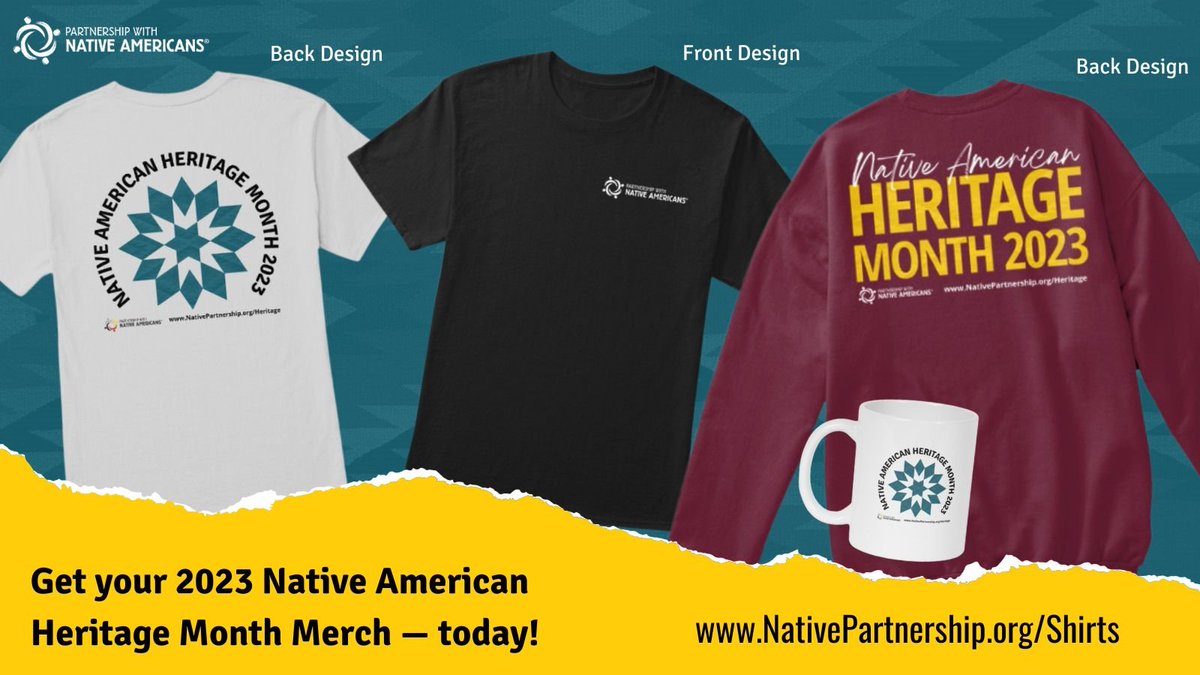 PWNA4hope's tweet image. Have you seen our new Heritage Month merch yet? 
You won't want to miss out this year! 

Be #NativeAware and proudly show your support of Native causes all year round!

Order your Heritage Month Merch today at: NativePartnership.org/Shirts

#NativeNovember